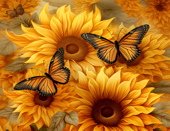 Sunflowers with butterflies on a floral background