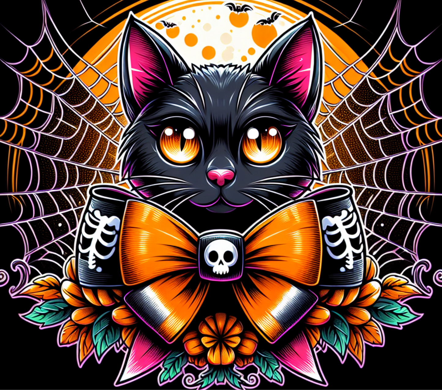Black cat with orange bow and skeleton glasses on a Halloween-themed background