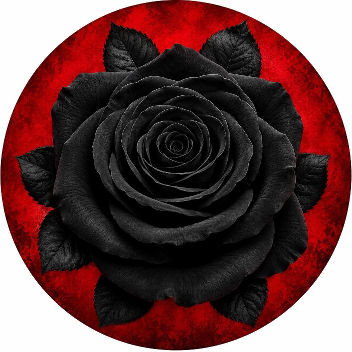Round metal wreath sign featuring a detailed black rose and leaves on a red background by Monkey's Creations.