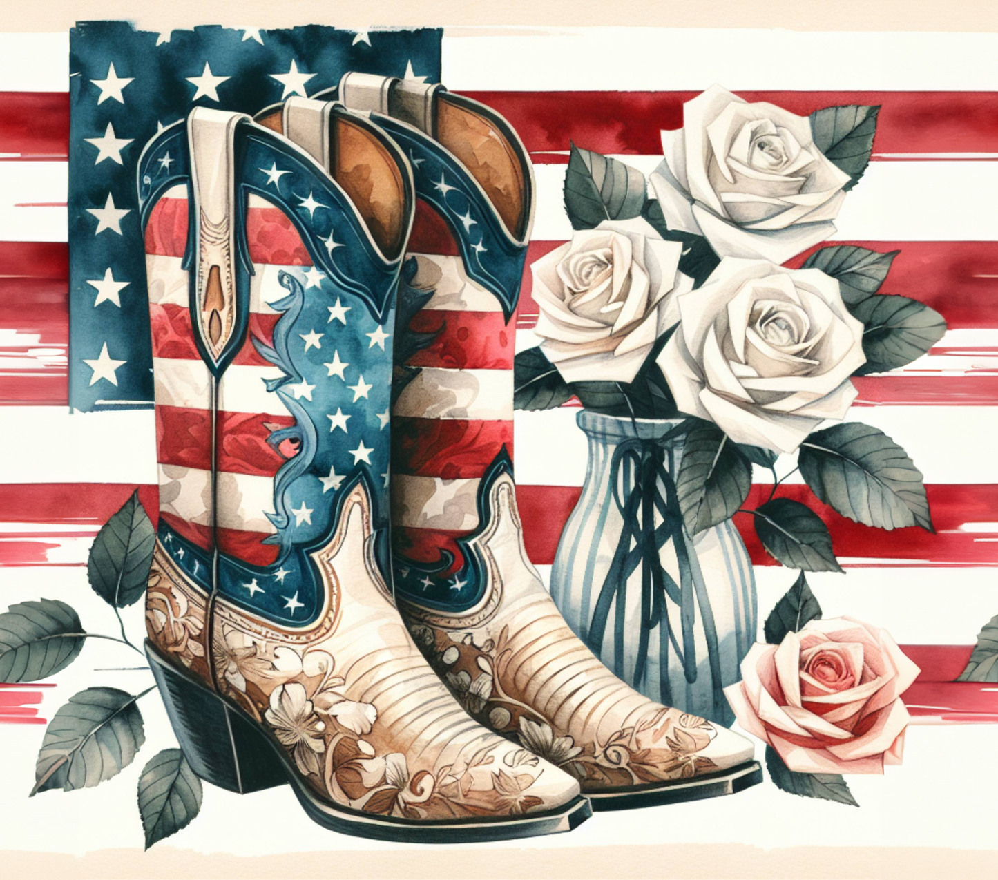 Decorative design with cowboy boots, roses, and an American flag background