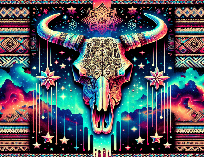 Colorful bull skull with intricate patterns against a vibrant, abstract background.