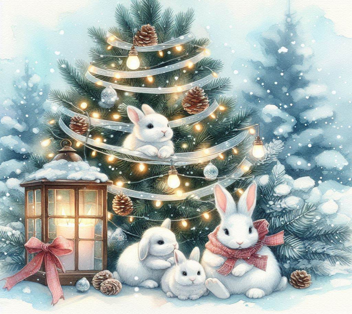 Three rabbits under a decorated Christmas tree with lights and ornaments, surrounded by snow and a lantern.