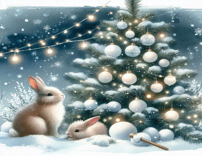 Two rabbits in a snowy scene with a decorated Christmas tree and string lights.