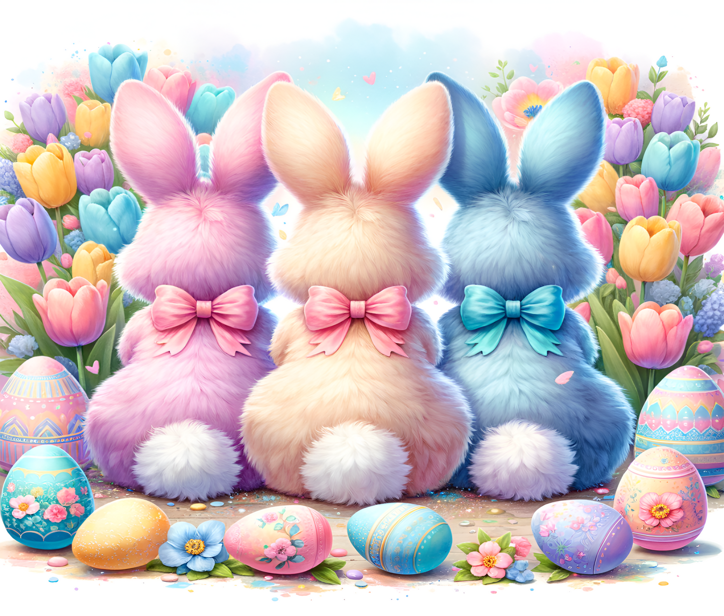 Three colorful bunnies with Easter eggs and flowers in the background