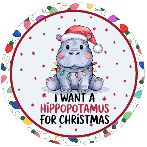 round metal wreath sign christmas-themed design with a hippopotamus wearing a Santa hat and lights, surrounded by colorful decorations on a white background.