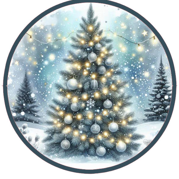 Design of a Christmas tree with lights and snowflakes on a white background