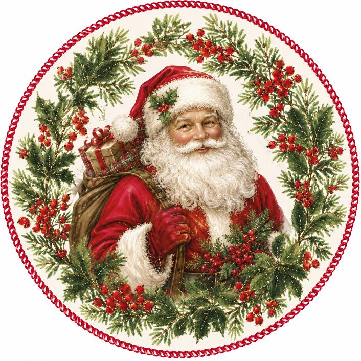Round metal wreath sign with a classic vintage Santa Claus surrounded by a holly garland by Monkey's Creations.