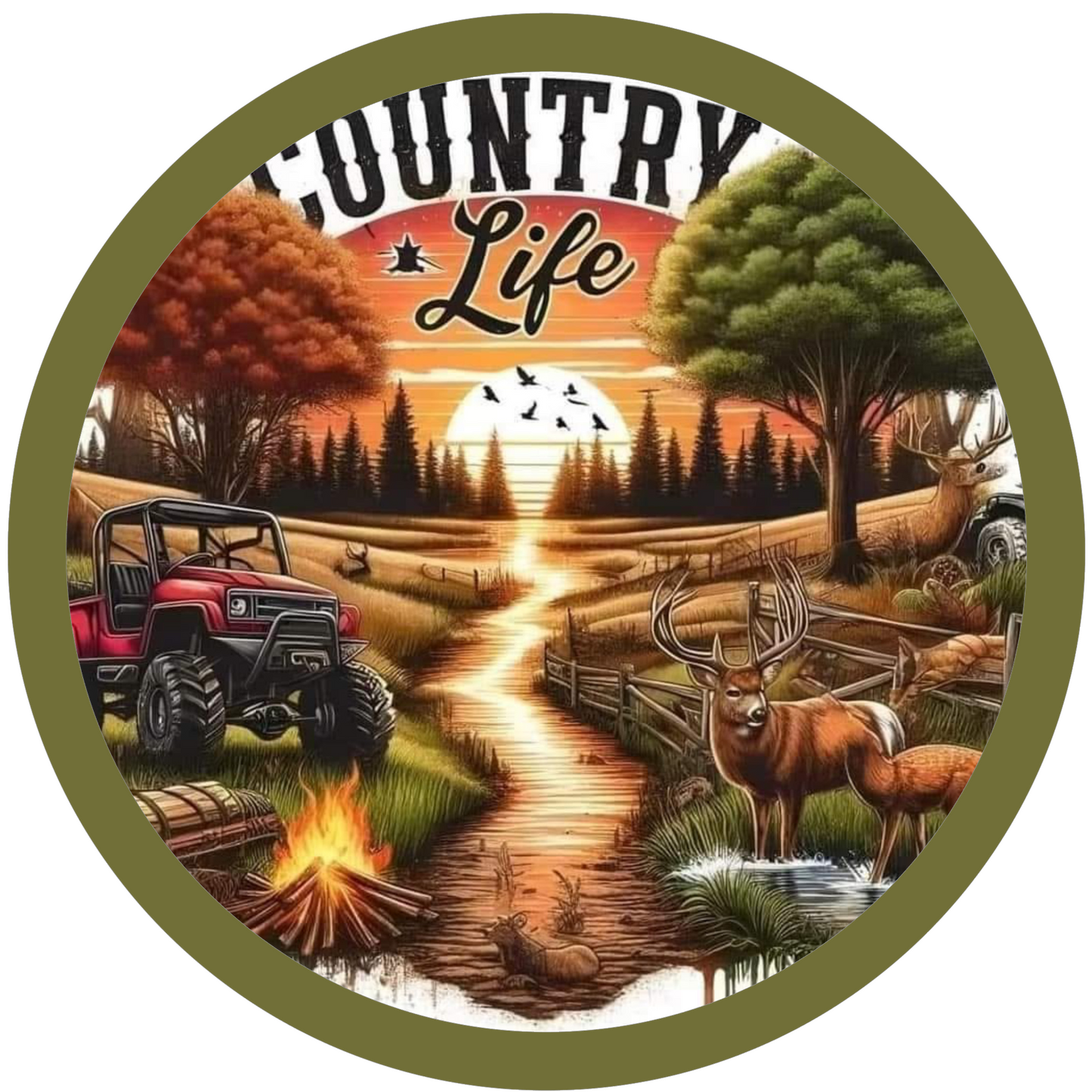 'Country Life' text, featuring a Jeep, deer, and a sunset over trees.