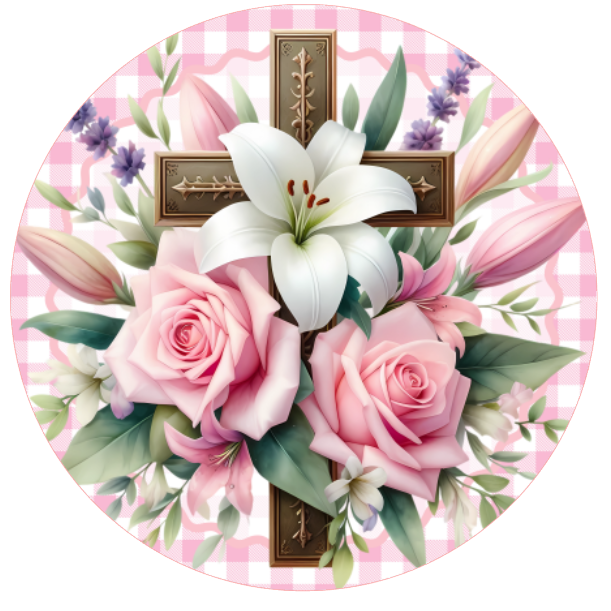 Wooden cross with pink roses and white lilies