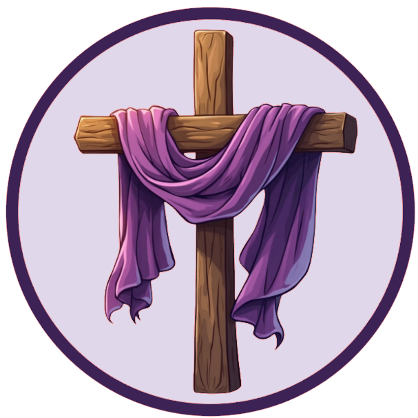 Wooden cross with a purple scarf draped over it