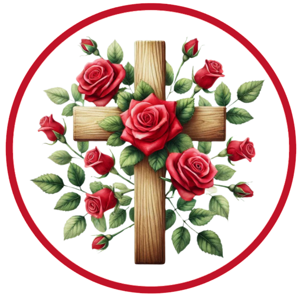 Wooden cross with red roses and green leaves
