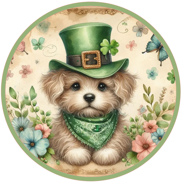 Dog wearing a green leprechaun hat with flowers, shamrocks and butterflies