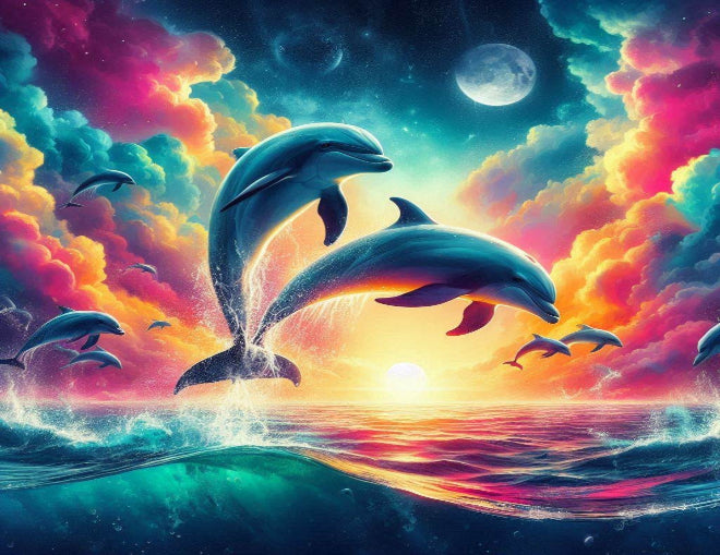 Dolphins leaping out of water with a colorful sky and clouds in the background