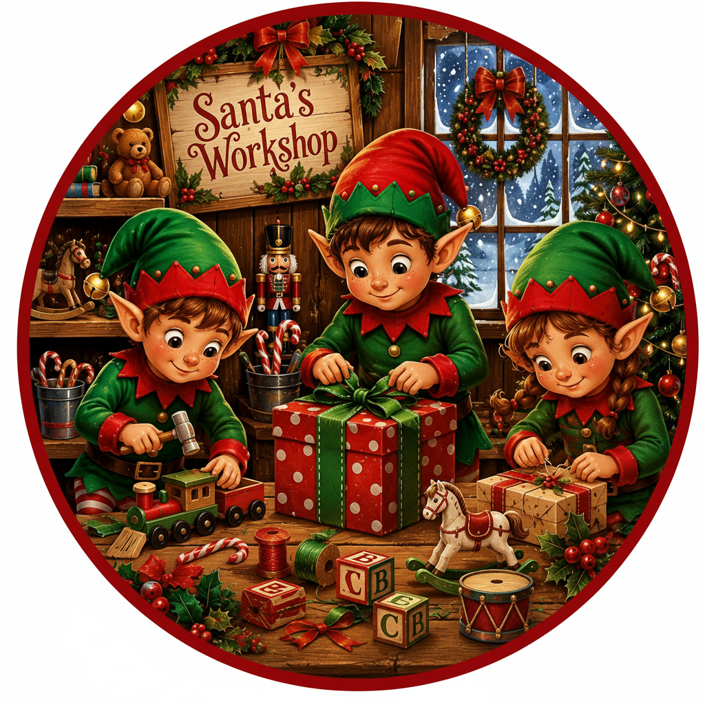 Round metal wreath sign with a trio of Elves working in "santa's workshop" by Monkey's Creations.