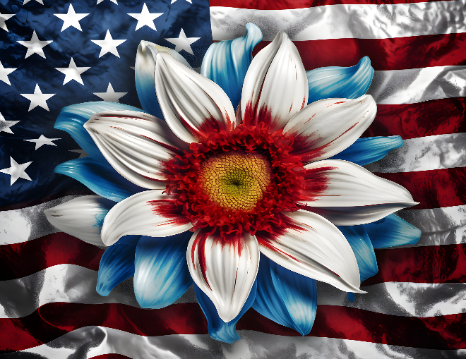 Flower with red, white, and blue petals on an American flag background