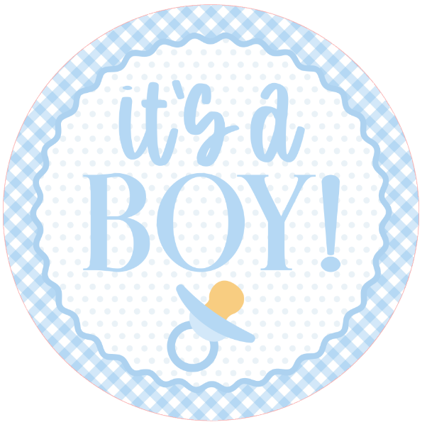 Blue check round wreath sign with text 'it's a boy!' and a pacifier