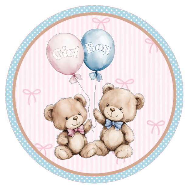 Pink and blue round wreath sign with text "girl" and "boy" and two teddy bears