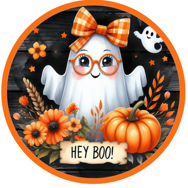 Halloween theme with ghost, pumpkin, and flowers