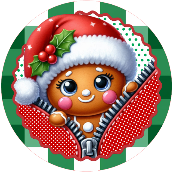 Gingerbread man in a Santa hat with a green and white striped background