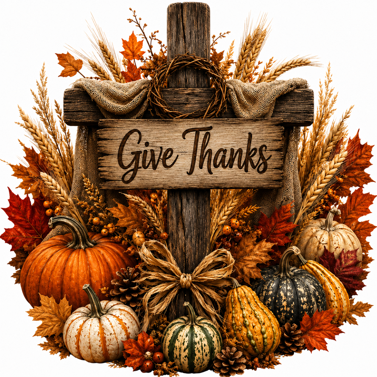 Round metal wreath sign by Monkey's Creations featuring fall and autumn elements, gourds, pumpkins, foliage and a rustic wooden cross that says give thanks.