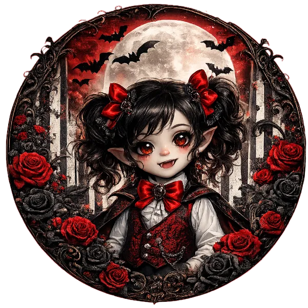 Round metal wreath sign with red roses and a gothic young vampire girl by Monkey's Creations.