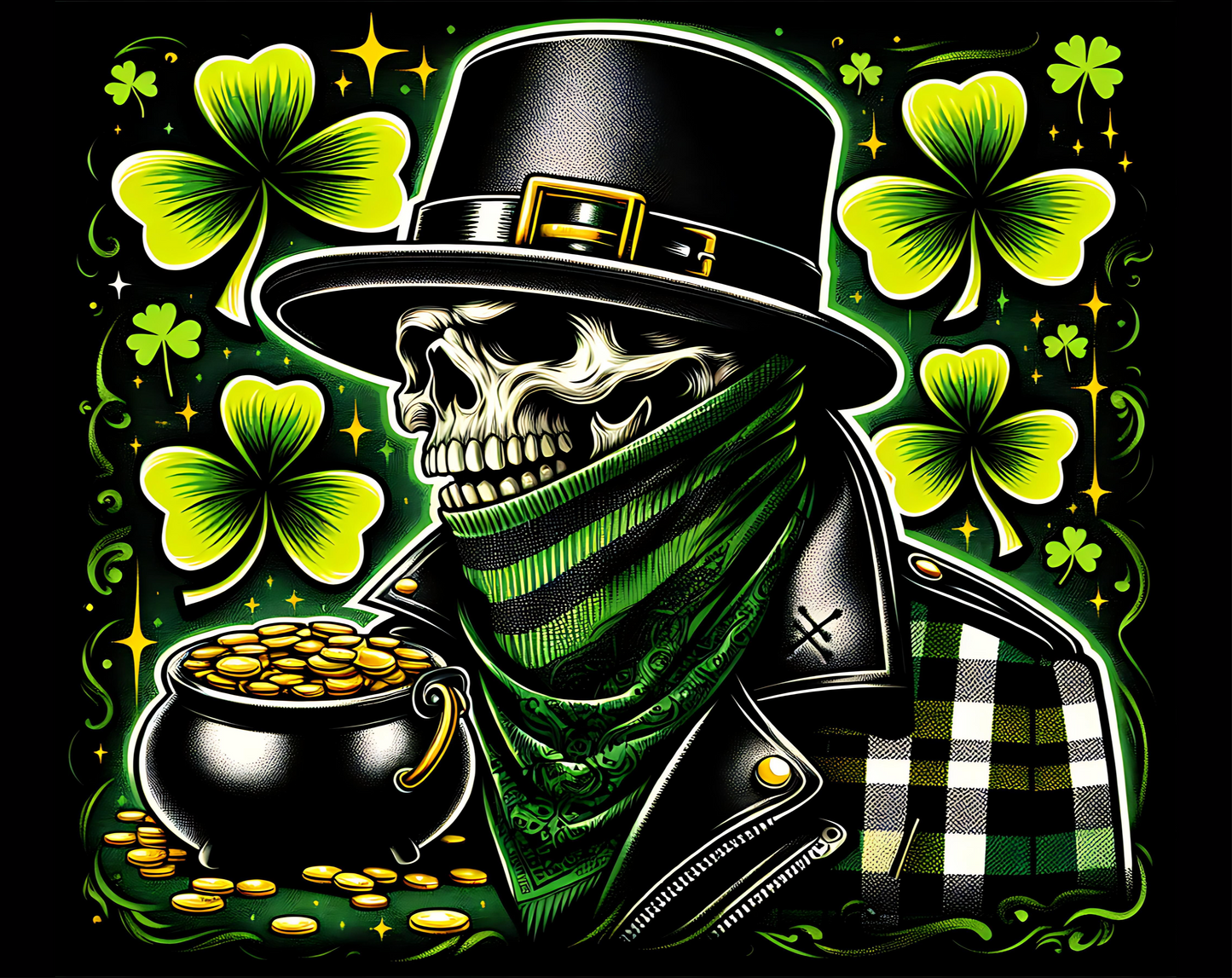 Skeleton wearing a leprechaun hat with green scarf and jacket, surrounded by shamrocks and a pot of gold.
