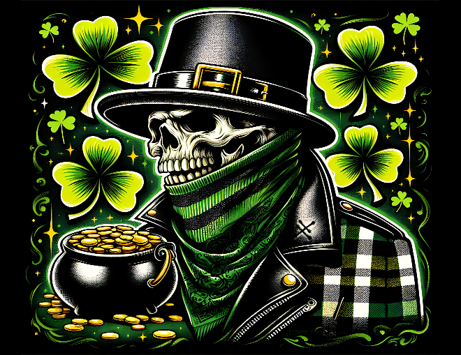 Skeleton wearing a leprechaun hat with green scarf and jacket, surrounded by shamrocks and a pot of gold.