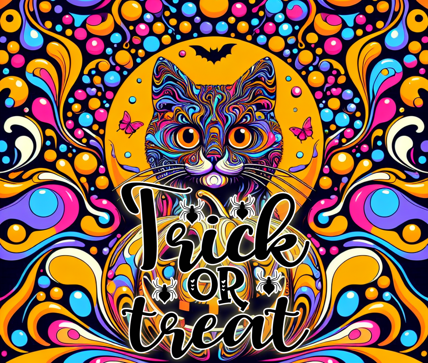 Colorful Halloween-themed design with a cat and 'Trick or Treat' text on a vibrant background.