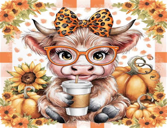 Illustration of a cow with glasses and a bow, surrounded by pumpkins and sunflowers on a checkered background.