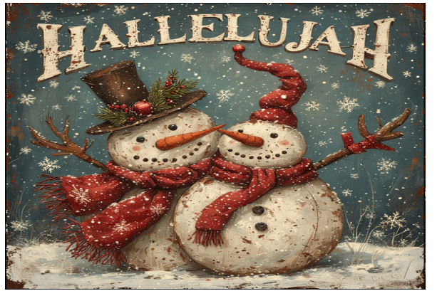 Two snowmen wearing scarves and hats with 'Hallelujah' text