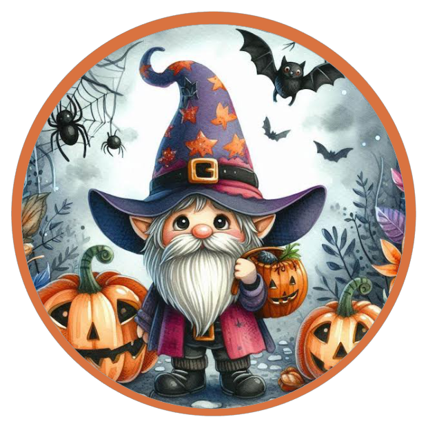 Halloween themed gnome, pumpkins, and bats