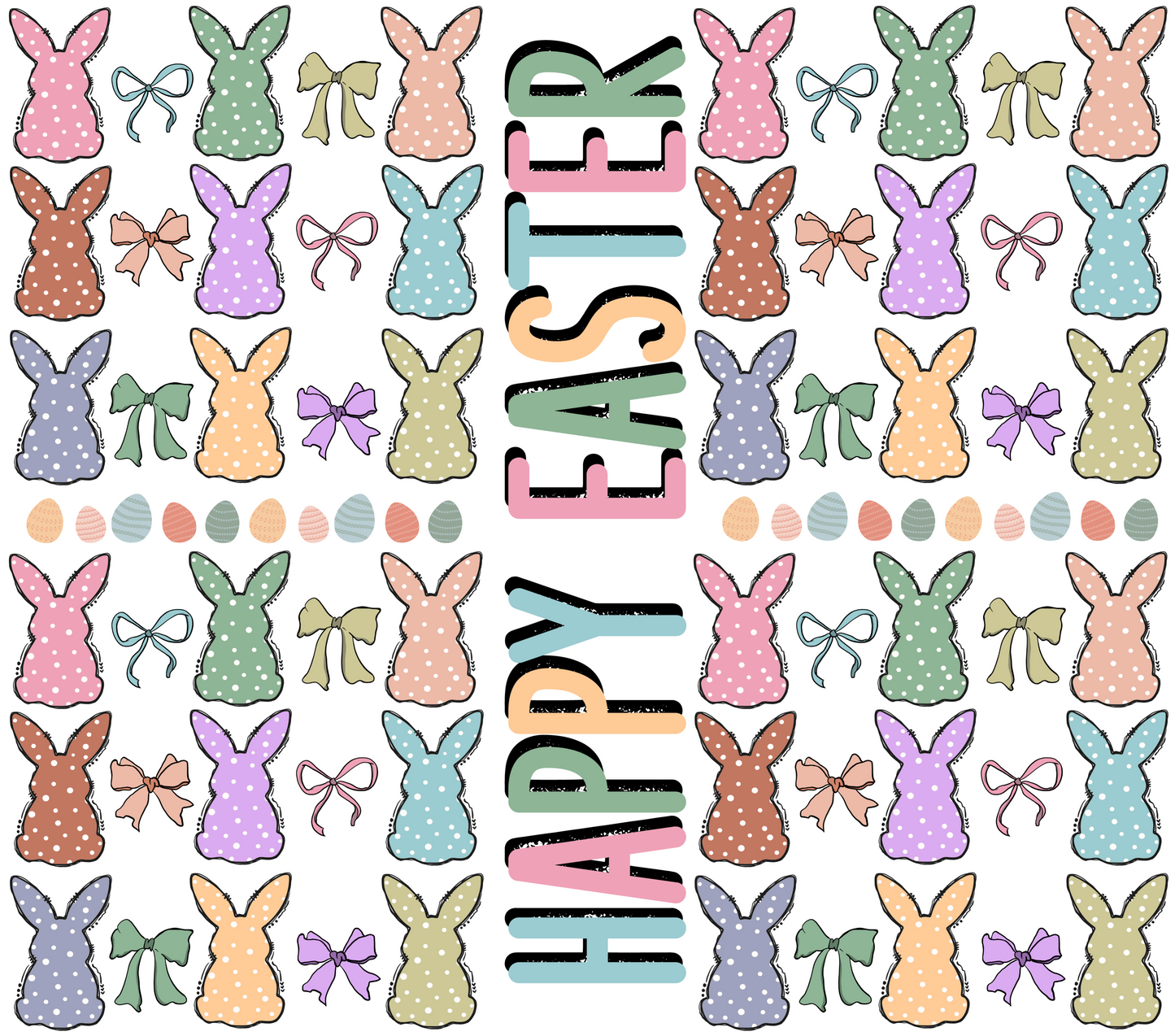 Colorful Easter-themed design with bunnies, bows, and 'Happy Easter' text