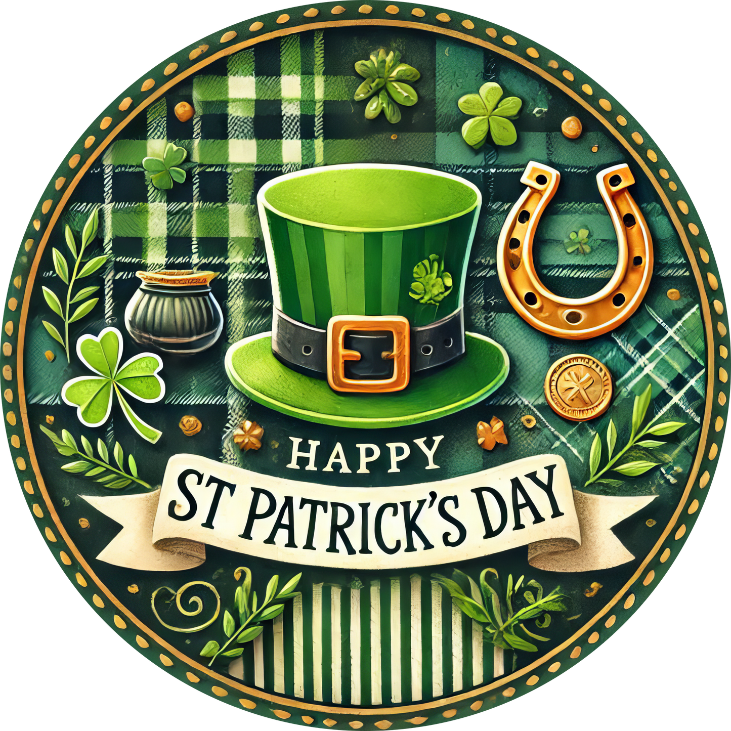 Round Happy St. Patrick's Day metal wreath sign with green hat, pot of gold, horseshoe, and shamrocks on a green plaid background.
