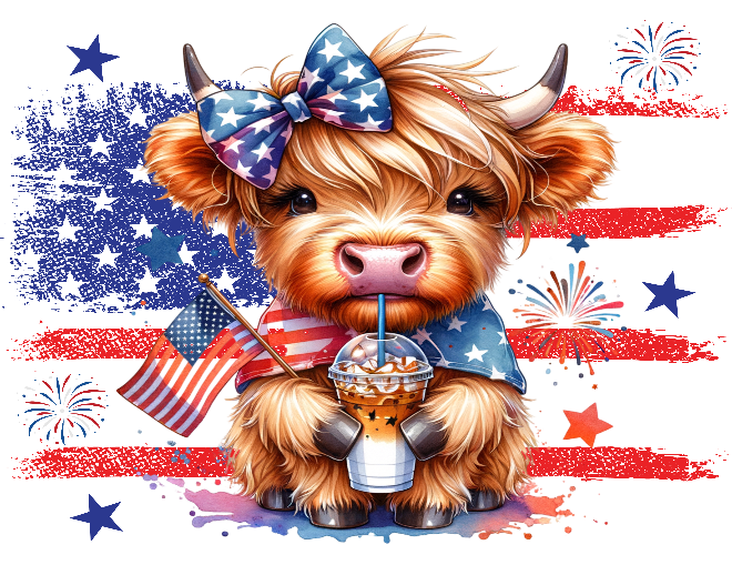 Highland cow with a bow, American flag, and ice cream in front of an American flag background with fireworks.