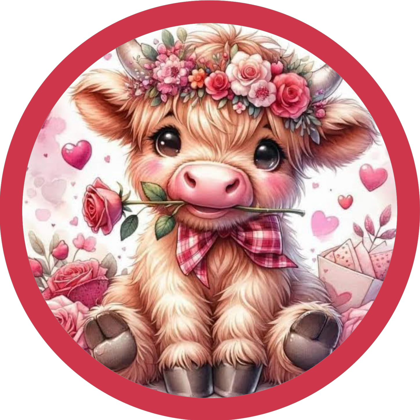 Round metal wreath sign with cute cartoon cow with a flower crown and heart decorations with a rose in its mouth