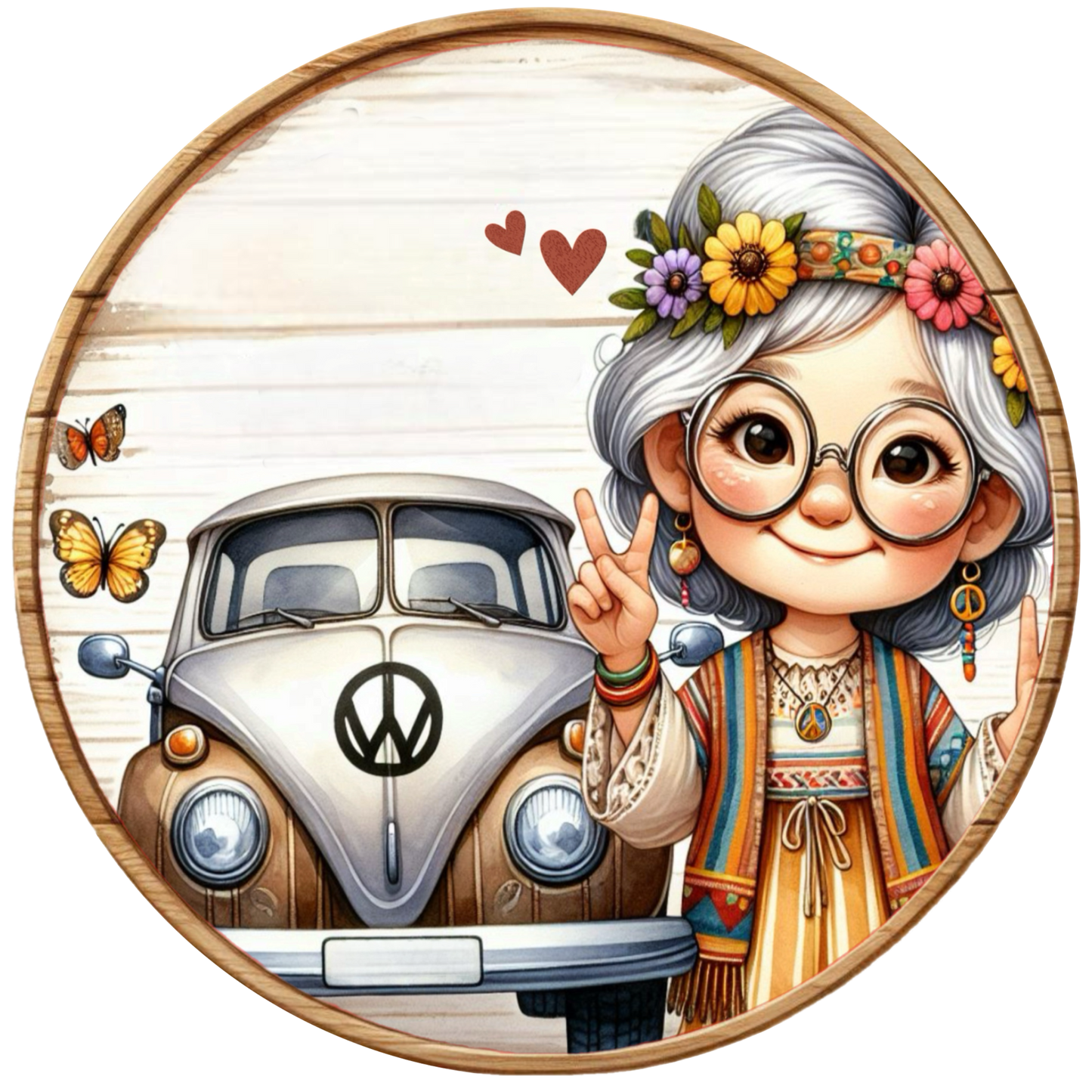 Hippie with a vintage van and butterflies on a wooden background.