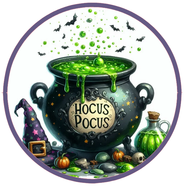 Hocus Pocus cauldron with green potion, witch hat, and Halloween decorations