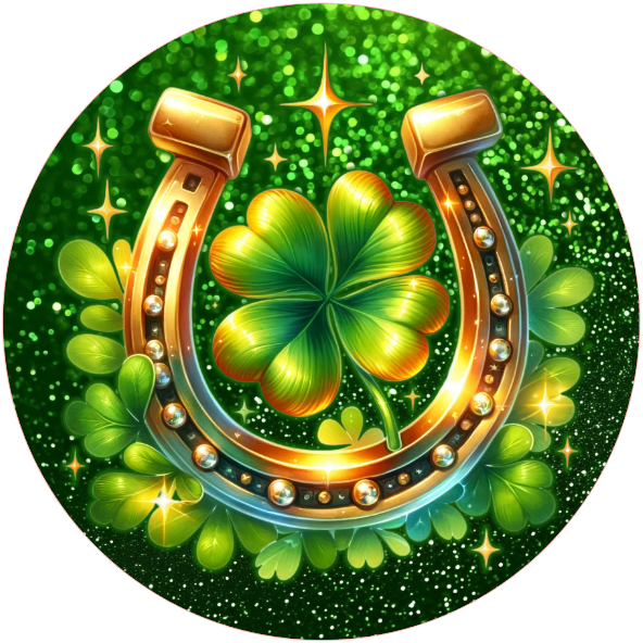 Round wreath sign with a horseshoe and four-leaf clover for st patrick's day