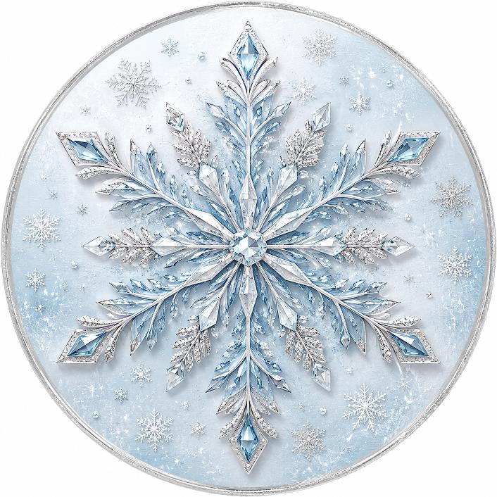 Round metal wreath sign with an ice blue and silver jewel snowflake by Monkey's Creations.