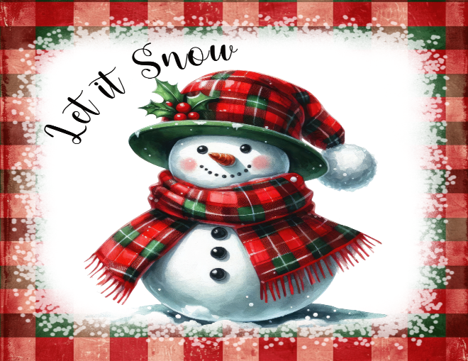 Snowman with plaid hat and scarf on a red and white checkered background with 'Let it Snow' text.