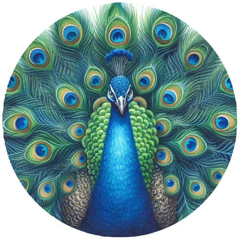 Peacock with vibrant blue and green feathers