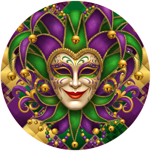 round mardi gras mask metal wreath sign with purple green and gold