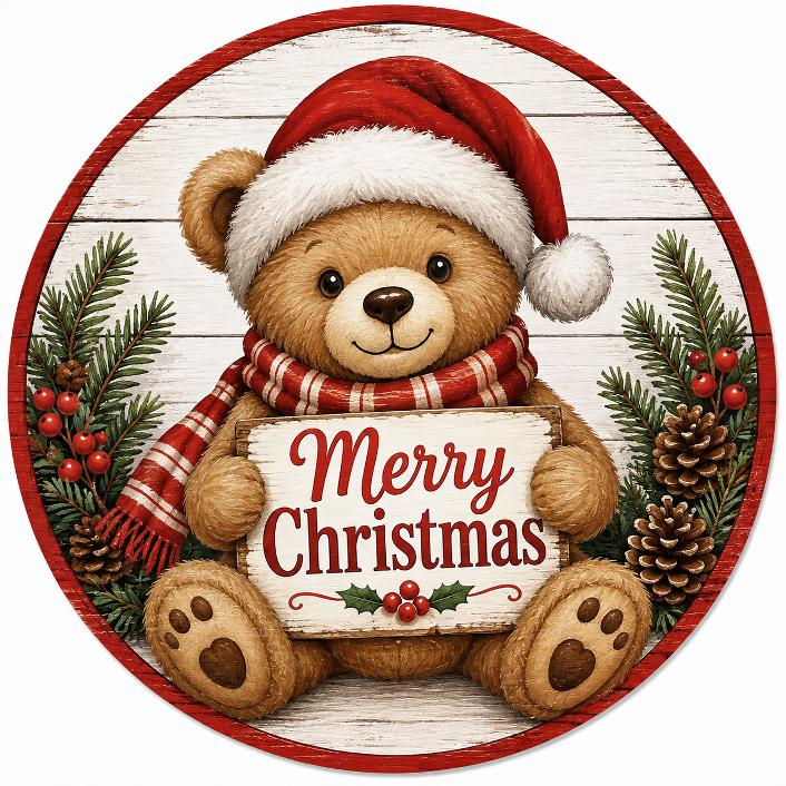 Round metal wreath sign by Monkey's Creations featuring a teddy bear wearing a Santa hat and a sign that says Merry Christmas white wood background and pine boughs, pine cones and holly berries.
