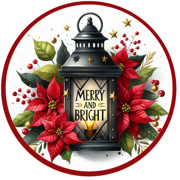 Decorative Christmas card with lantern and poinsettias on a white background