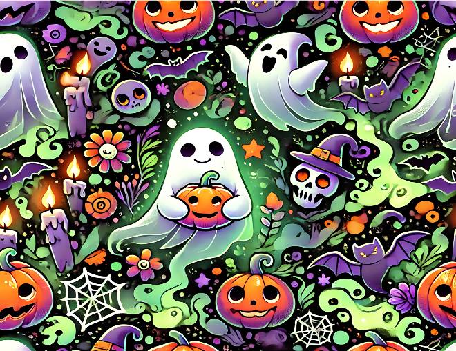 Colorful Halloween-themed pattern with ghosts, pumpkins, and other elements