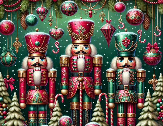 Three colorful nutcrackers with festive decorations