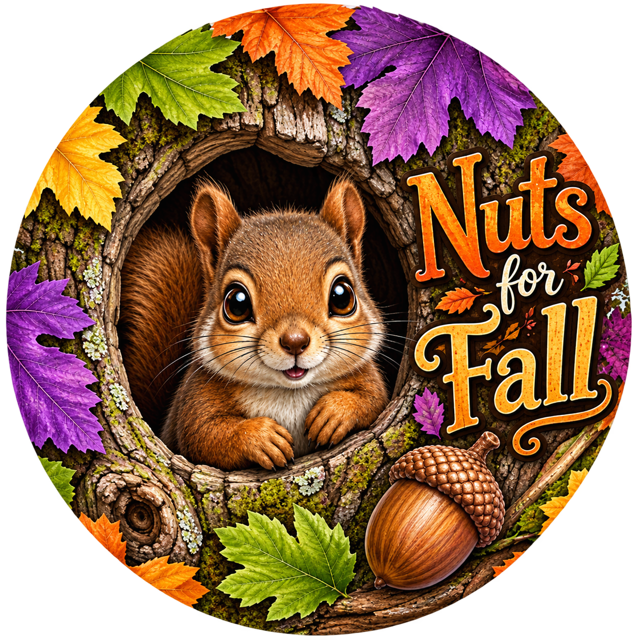 Round metal wreath sign featuring a squirrel in a tree with orange, purple and green leaves and a acorn with "nuts for fall" by Monkey's Creations.
