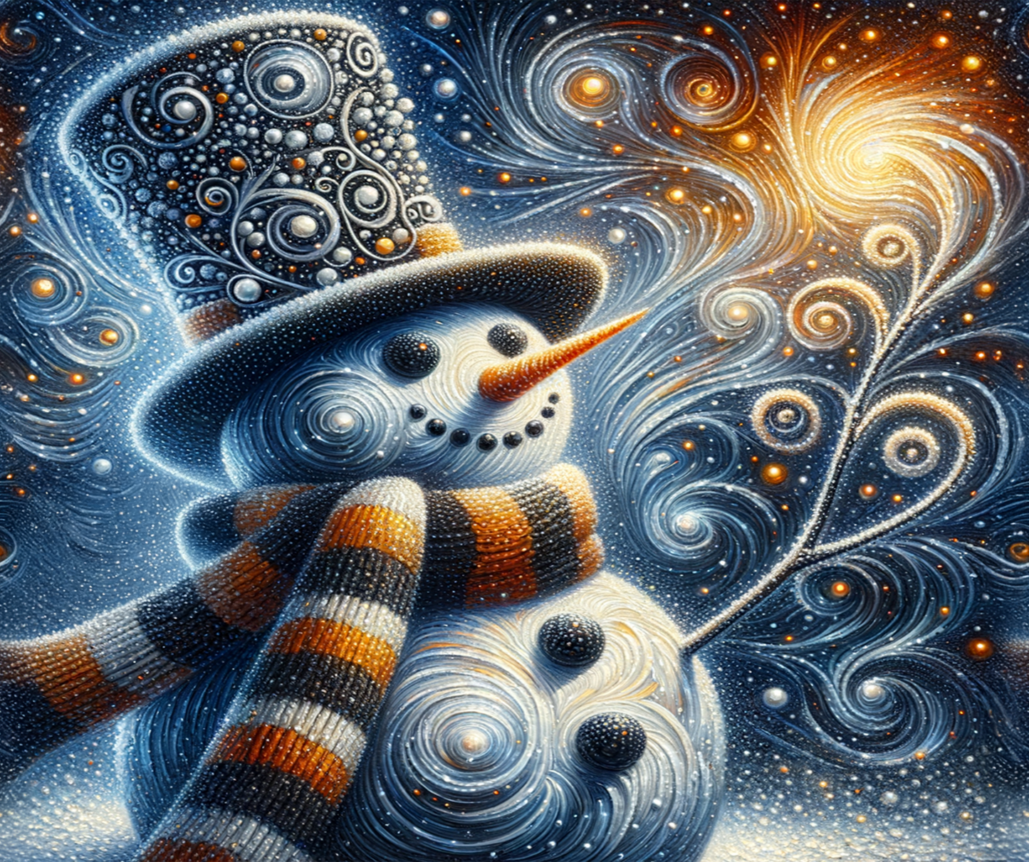 Snowman with a decorative hat and scarf against a swirling galaxy background