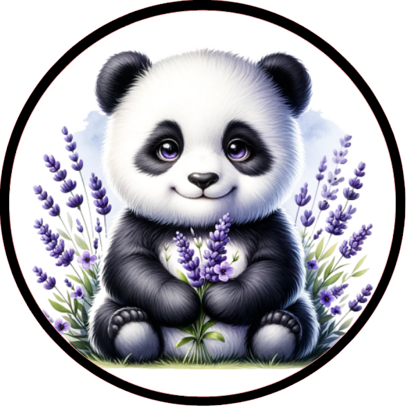 Panda bear surrounded by purple flowers