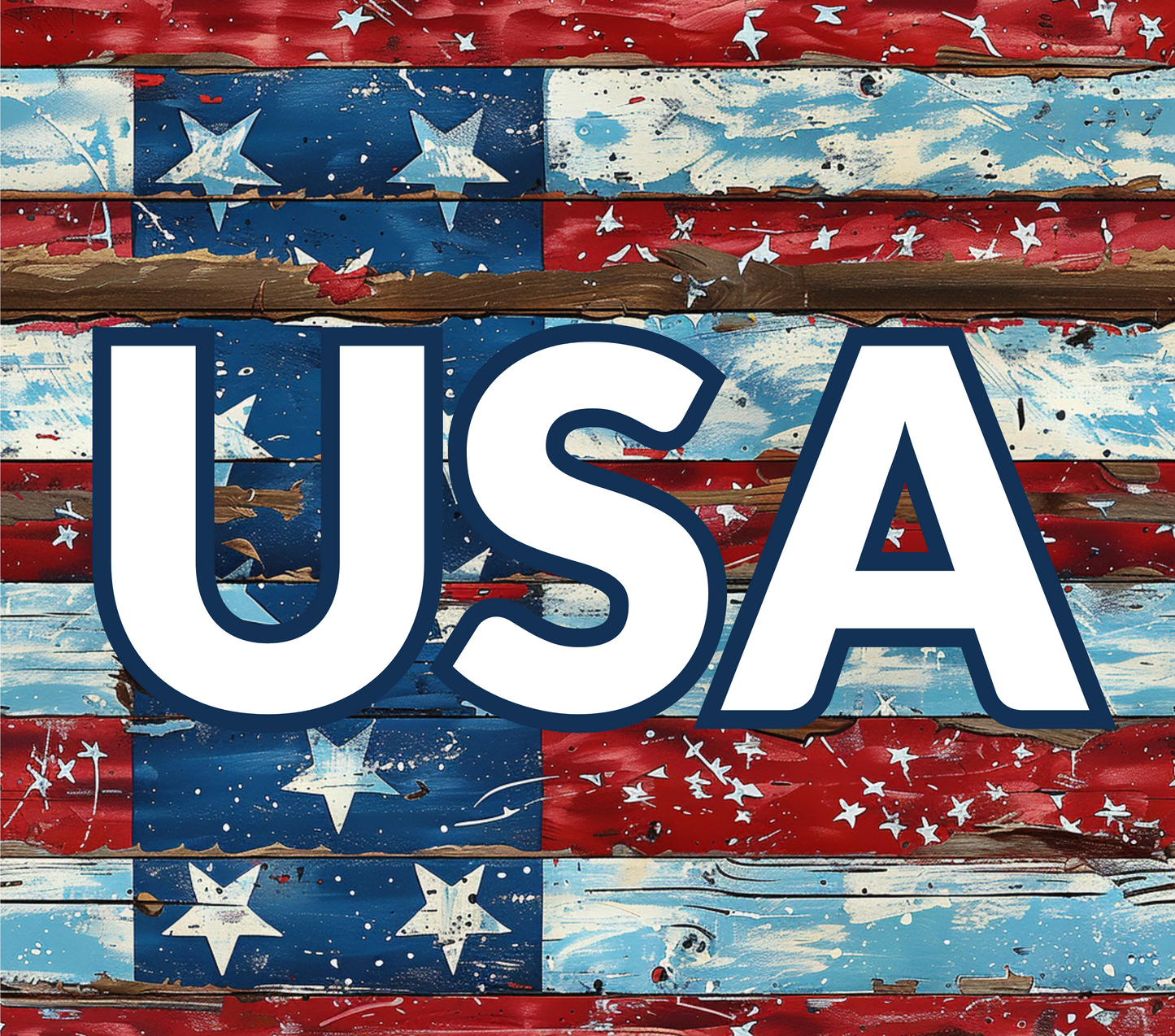 Wooden sign with 'USA' text on a distressed American flag background